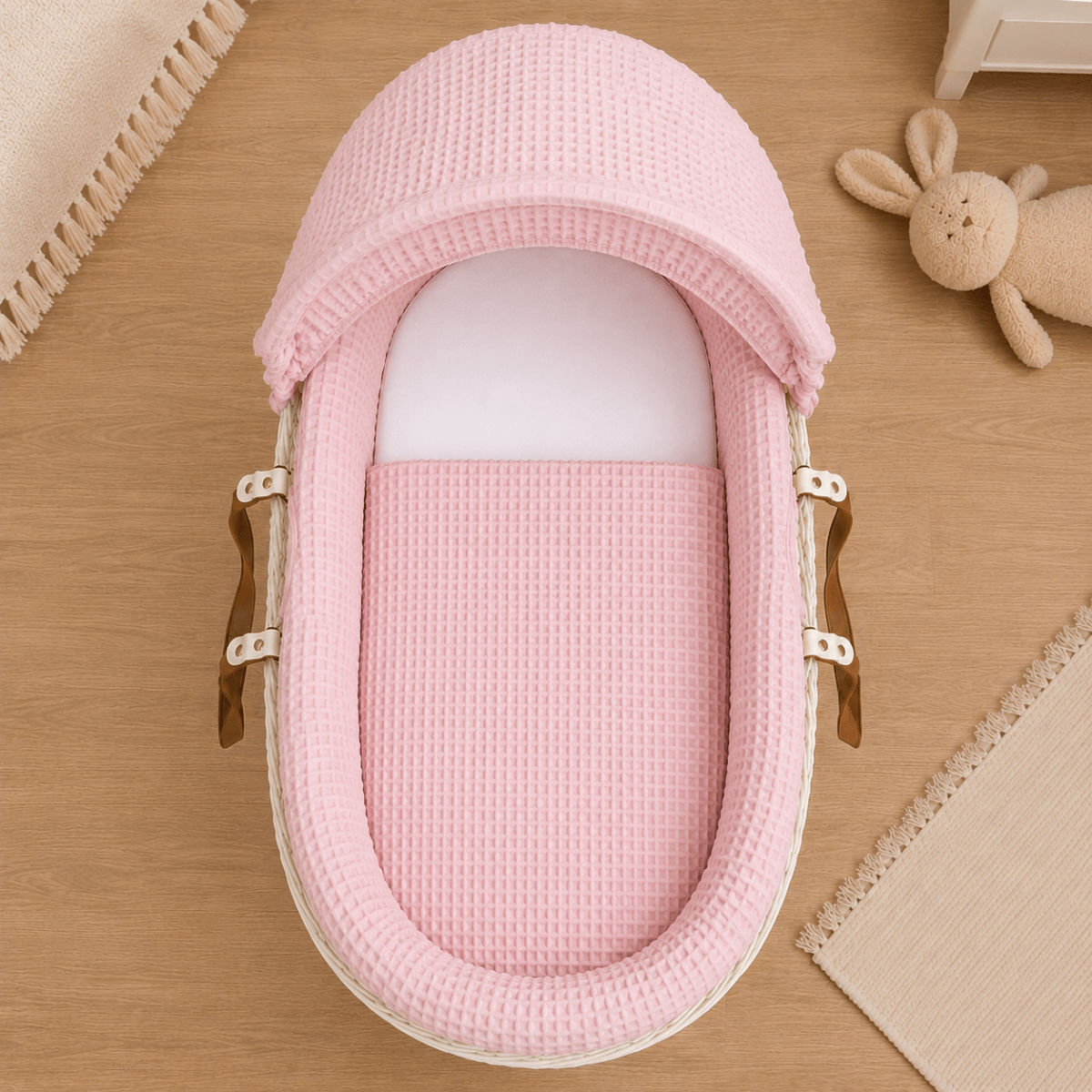 Pink Waffle Moses Basket Bedding Set (Basket Not Included!)