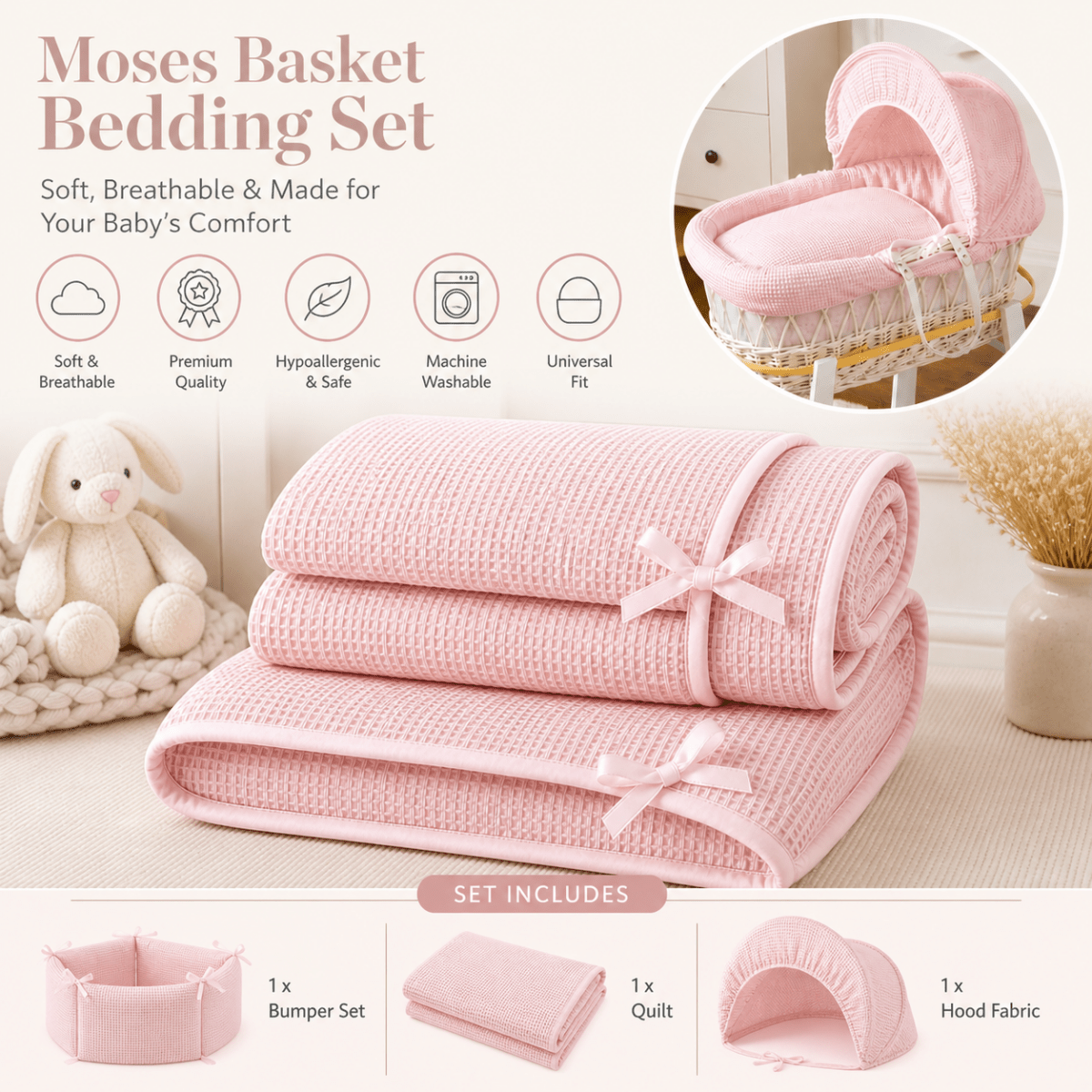 Pink Waffle Moses Basket Bedding Set (Basket Not Included!)