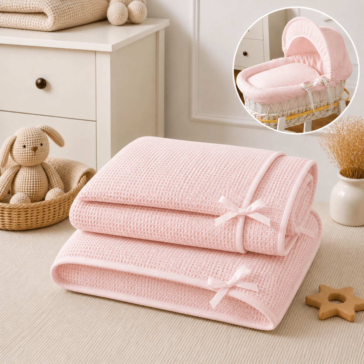 Pink Waffle Moses Basket Bedding Set (Basket Not Included!) - Moses Basket Bedding Set