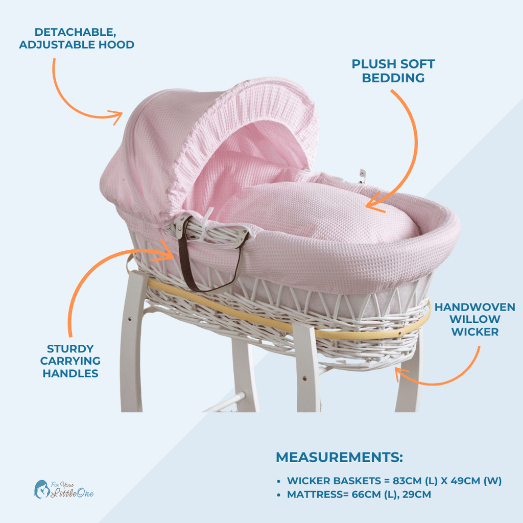 Grey Waffle White Wicker Baby Moses Basket With Stand-2