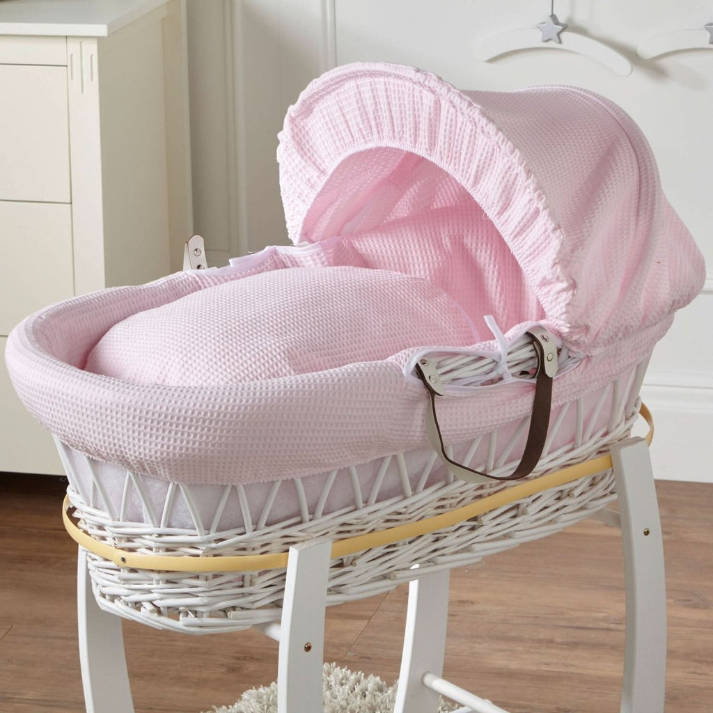 Pink Waffle White Wicker Baby Moses Basket With Stand - Wicker Moses Basket