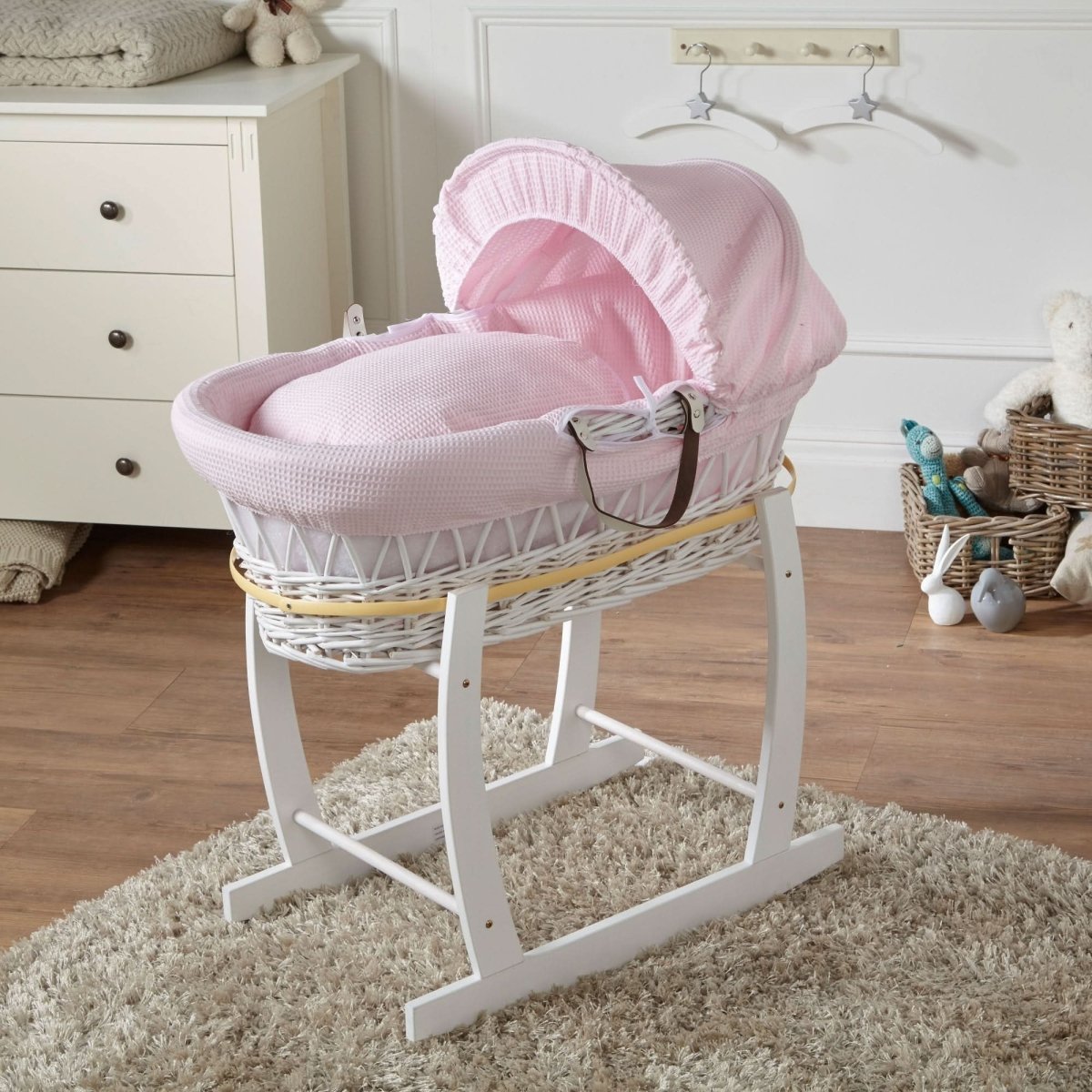Pink Waffle White Wicker Baby Moses Basket With Stand-0