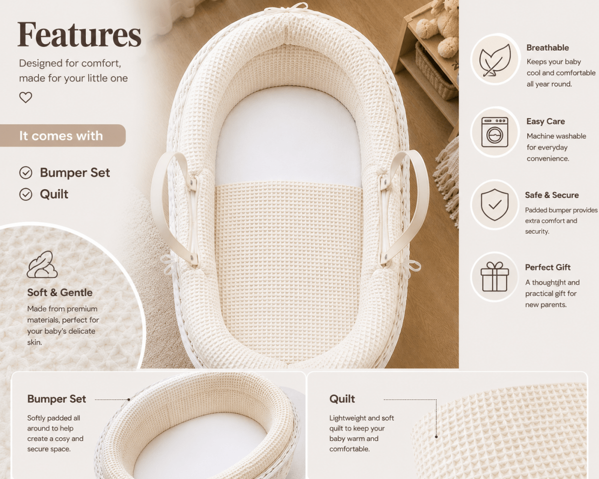 Pod White Waffle Moses Basket Bedding Set (Basket Not Included!)