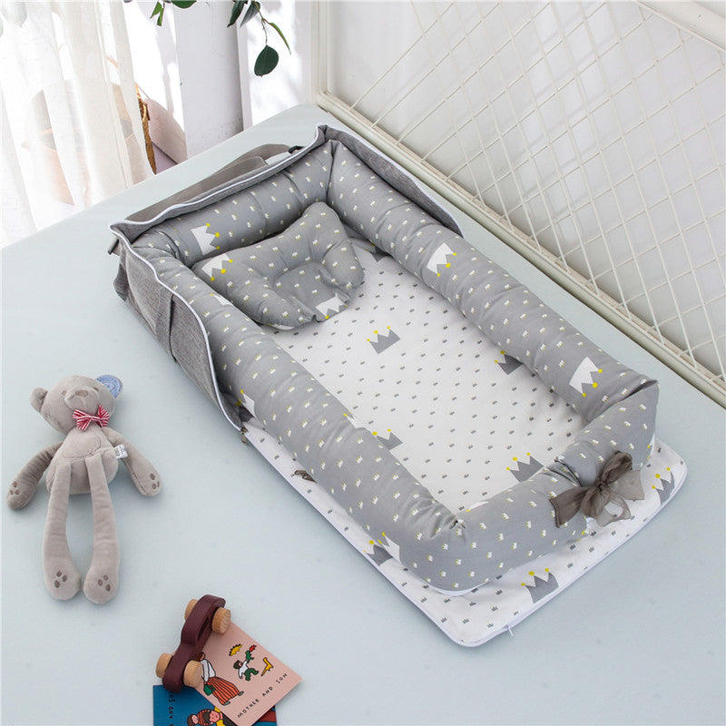 Cotton Portable Baby Crib Newborn Foldable - Crown grey