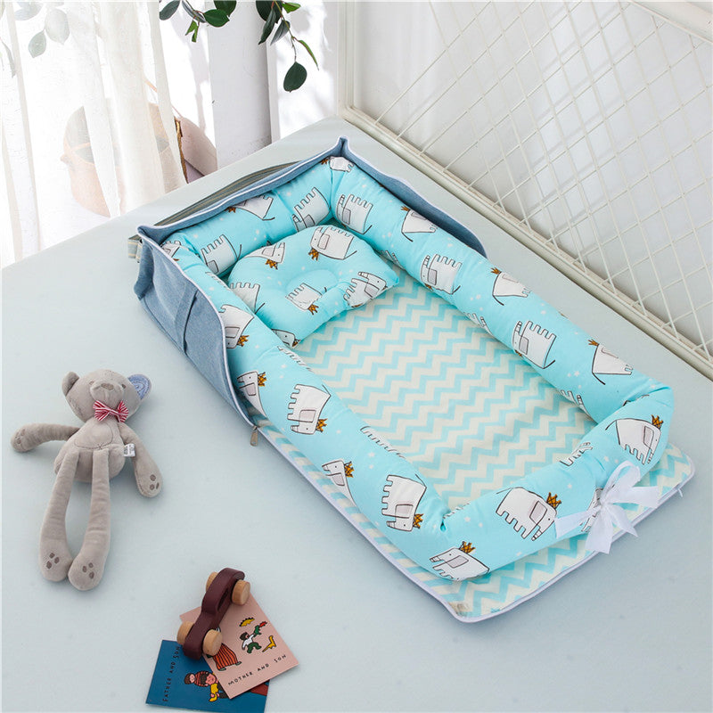 Cotton Portable Baby Crib Newborn Foldable - Elephant Blue