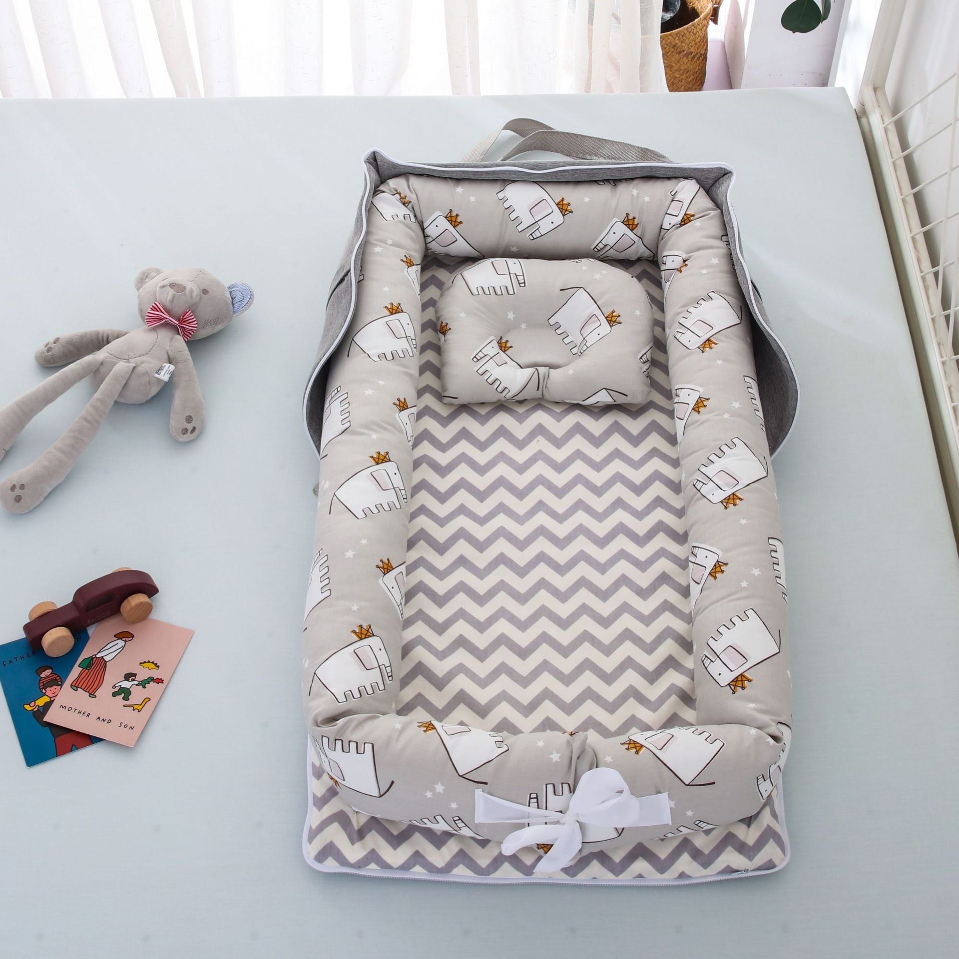 Cotton Portable Foldable Baby Bed - Grey elephant