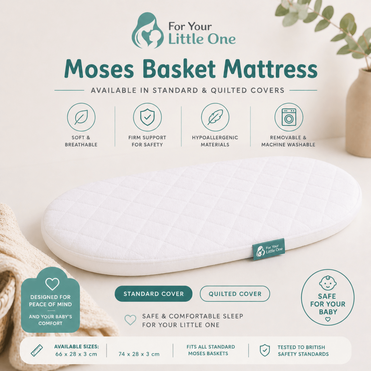Quilted Moses Basket Mattress 66 x 28 x 3 cm - Moses Basket Mattress