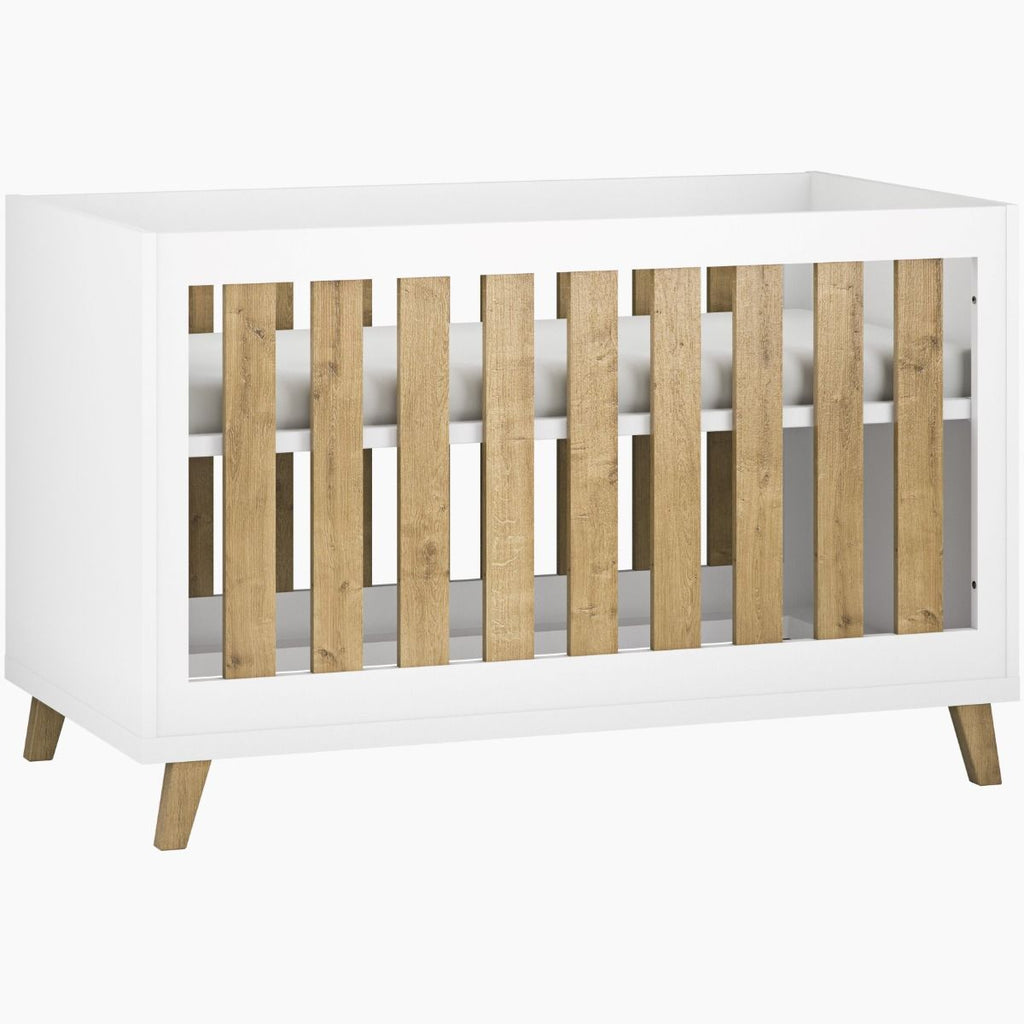 Little Acorns Siriana 3 Piece Nursery Furniture Set with Cot Bed, Dresser and Wardrobe - White & Oak