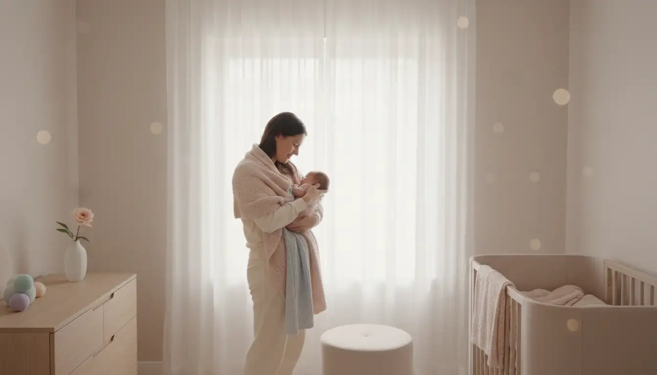 A soft, blush-pink knitted blanket wrapped around a woman holding a baby in a nursery.