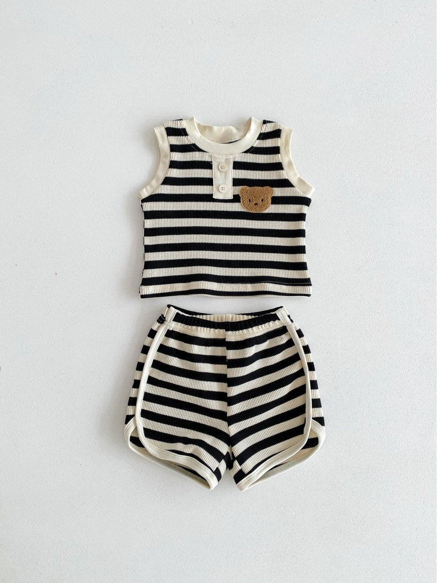 The Bear Beach Stripe Shorts & T-Shirt - Gray Stripe / 0-6 M - Outfit Sets