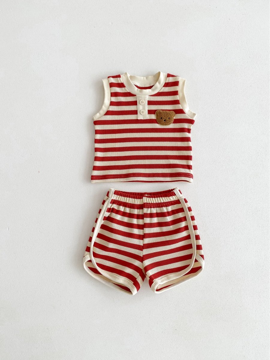 The Bear Beach Stripe Shorts & T-Shirt - Red Stripe / 0-6 M - Outfit Sets
