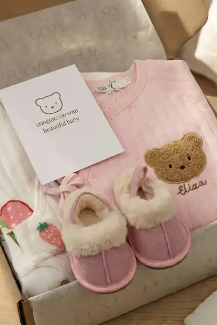 The Cozy Pink Boucle Baby Bear & Strawberry Personalised Gift Box - Gift Sets