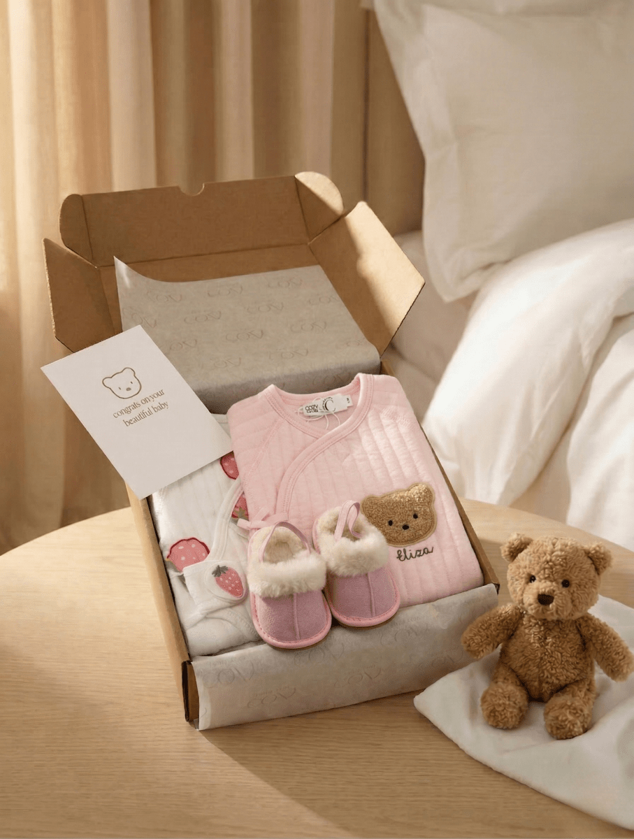 The Cozy Pink Boucle Baby Bear & Strawberry Personalised Gift Box - Gift Sets