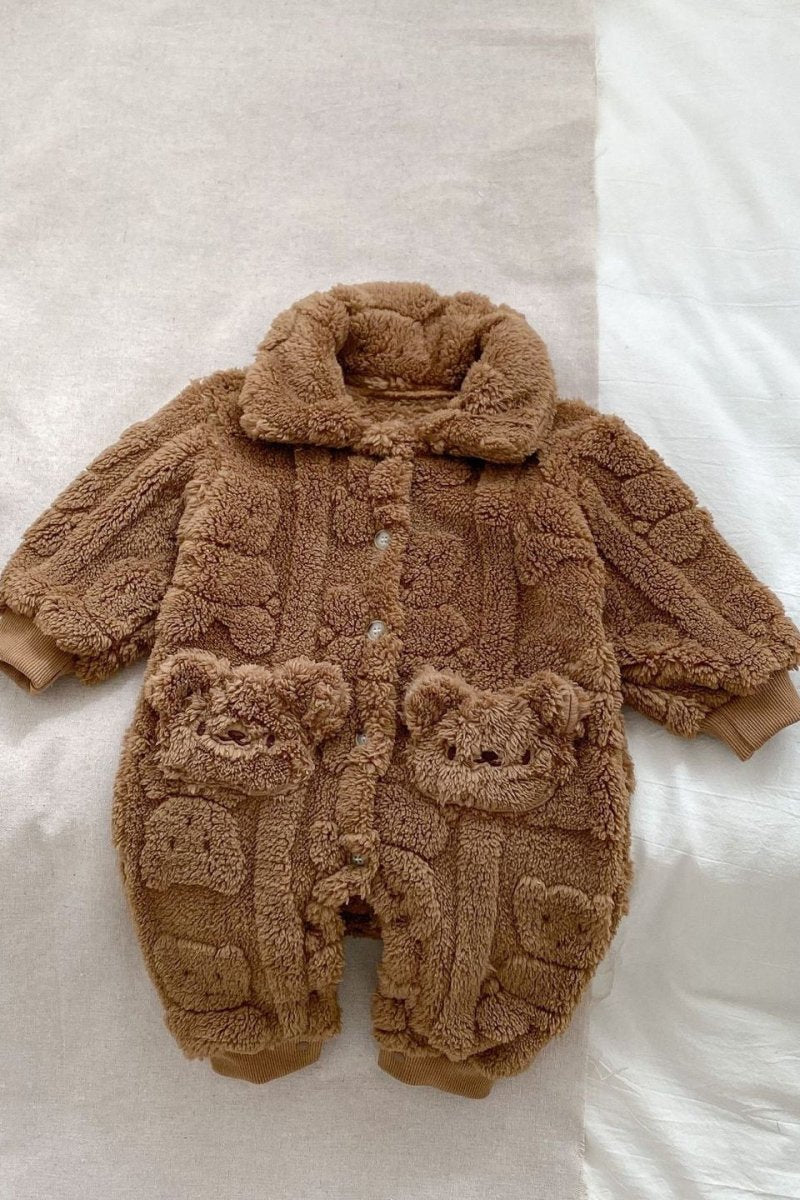 The Fur Bear Lining Fluffy Coat Romper - Dark Brown Fluff / 0-6 M - Pramsuits