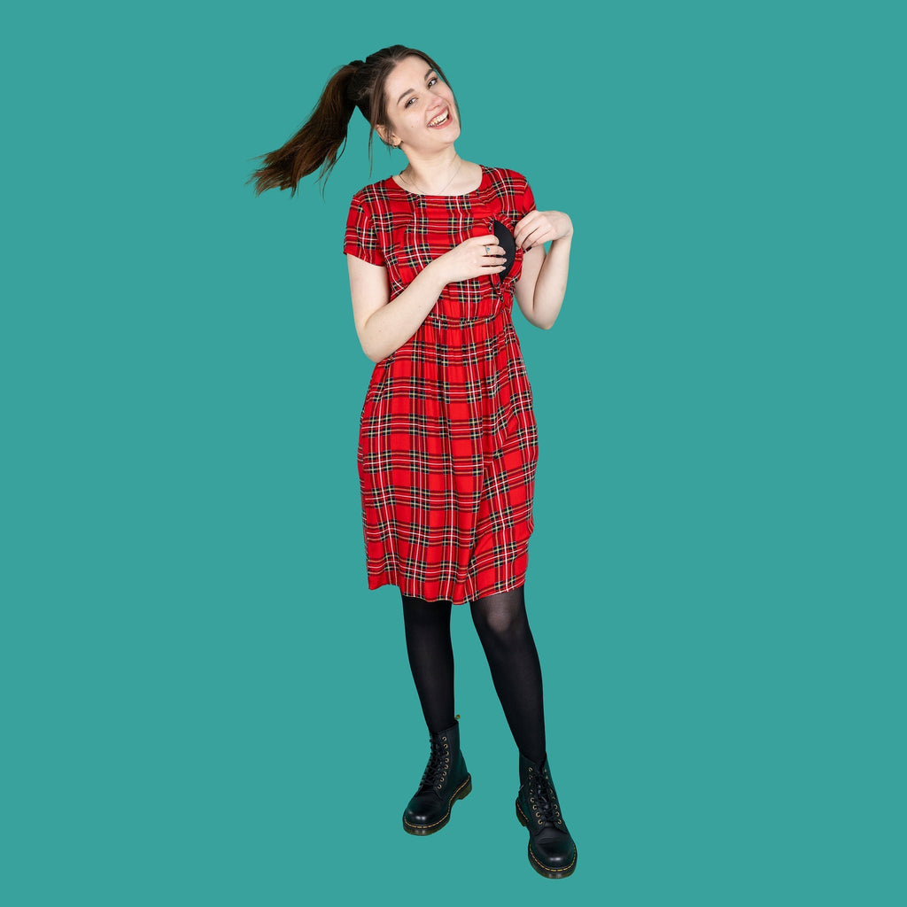 The Knee Length Breastfeeding Dress - Red Tartan Cotton-4
