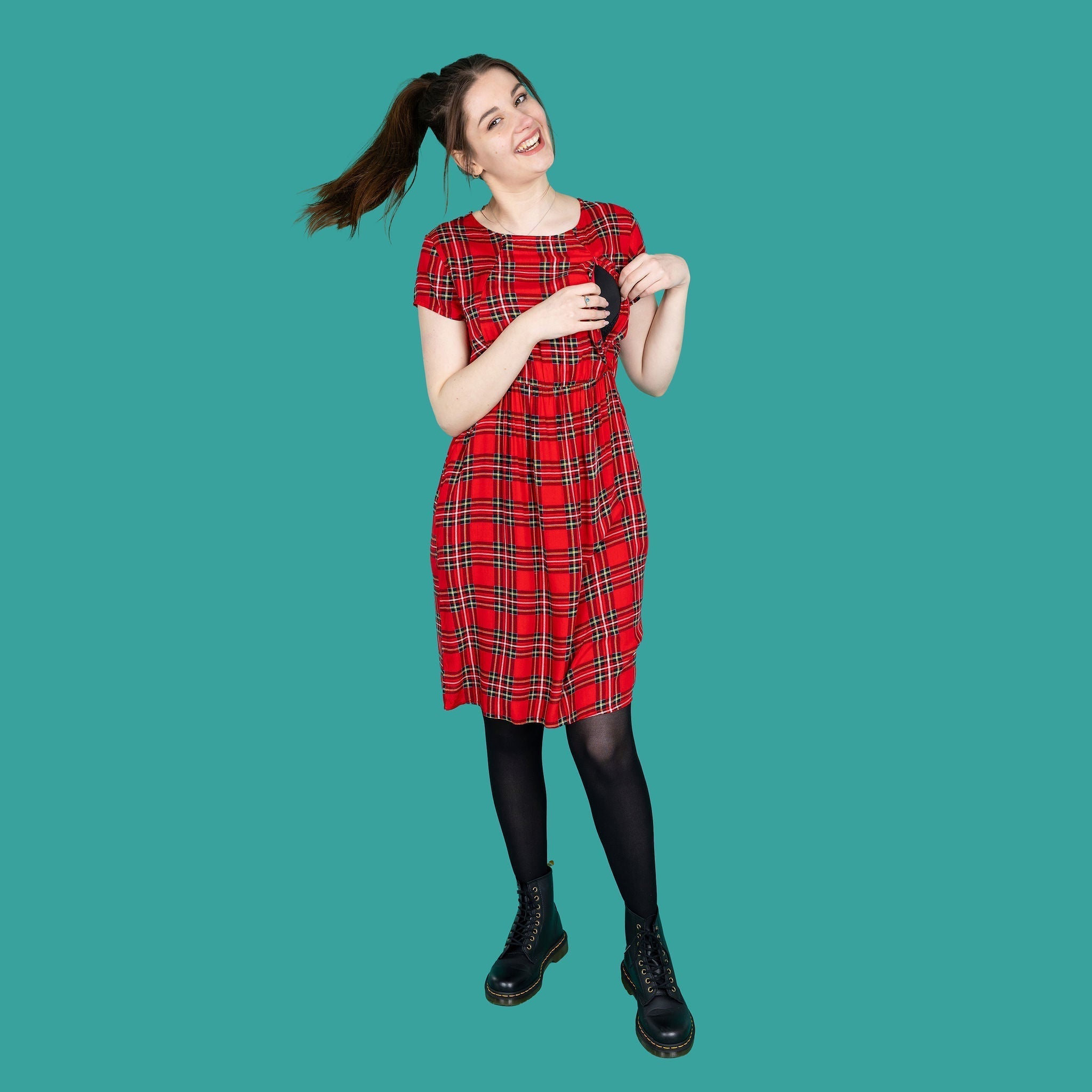 The Knee Length Breastfeeding Dress - Red Tartan Cotton-4