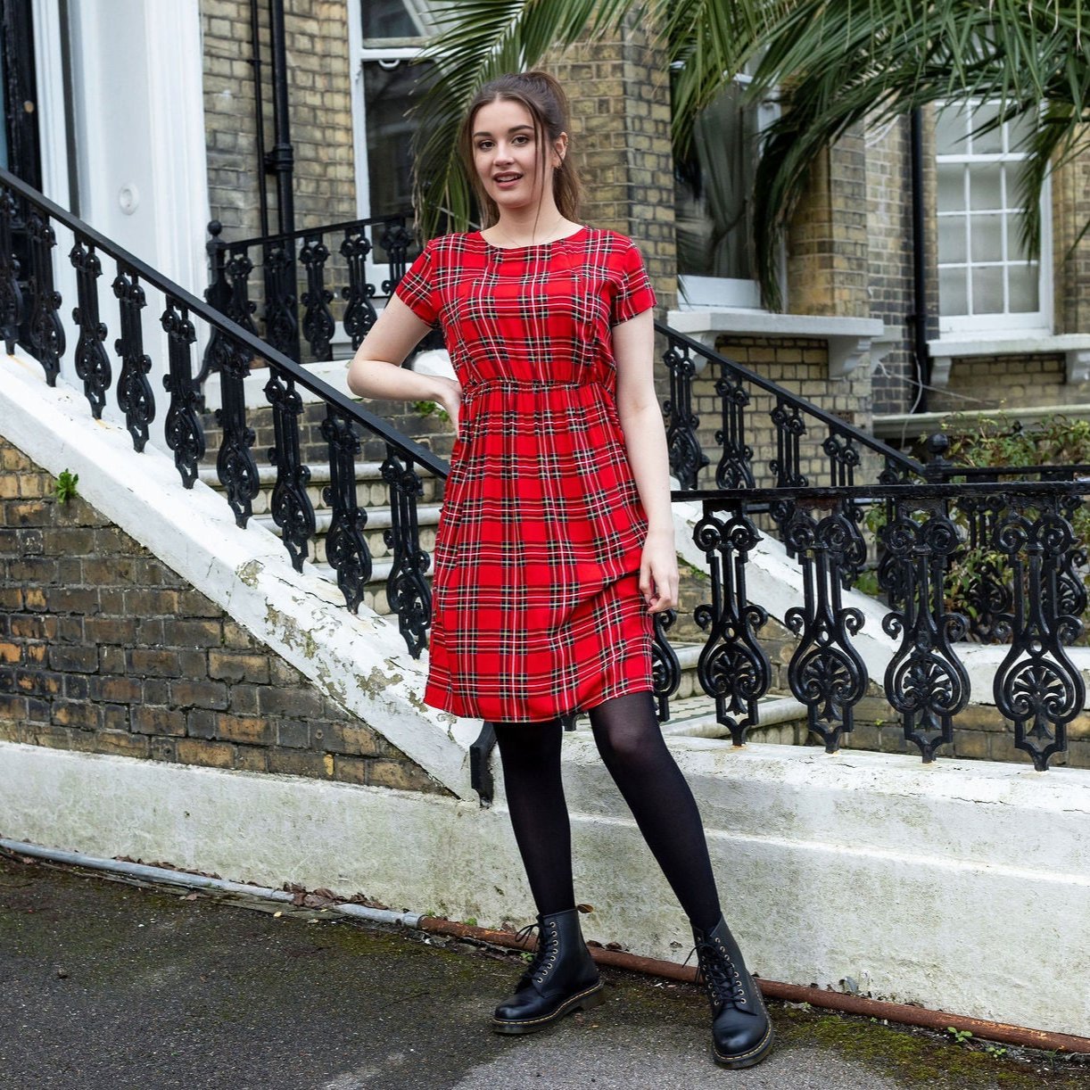 The Knee Length Breastfeeding Dress - Red Tartan Cotton-3