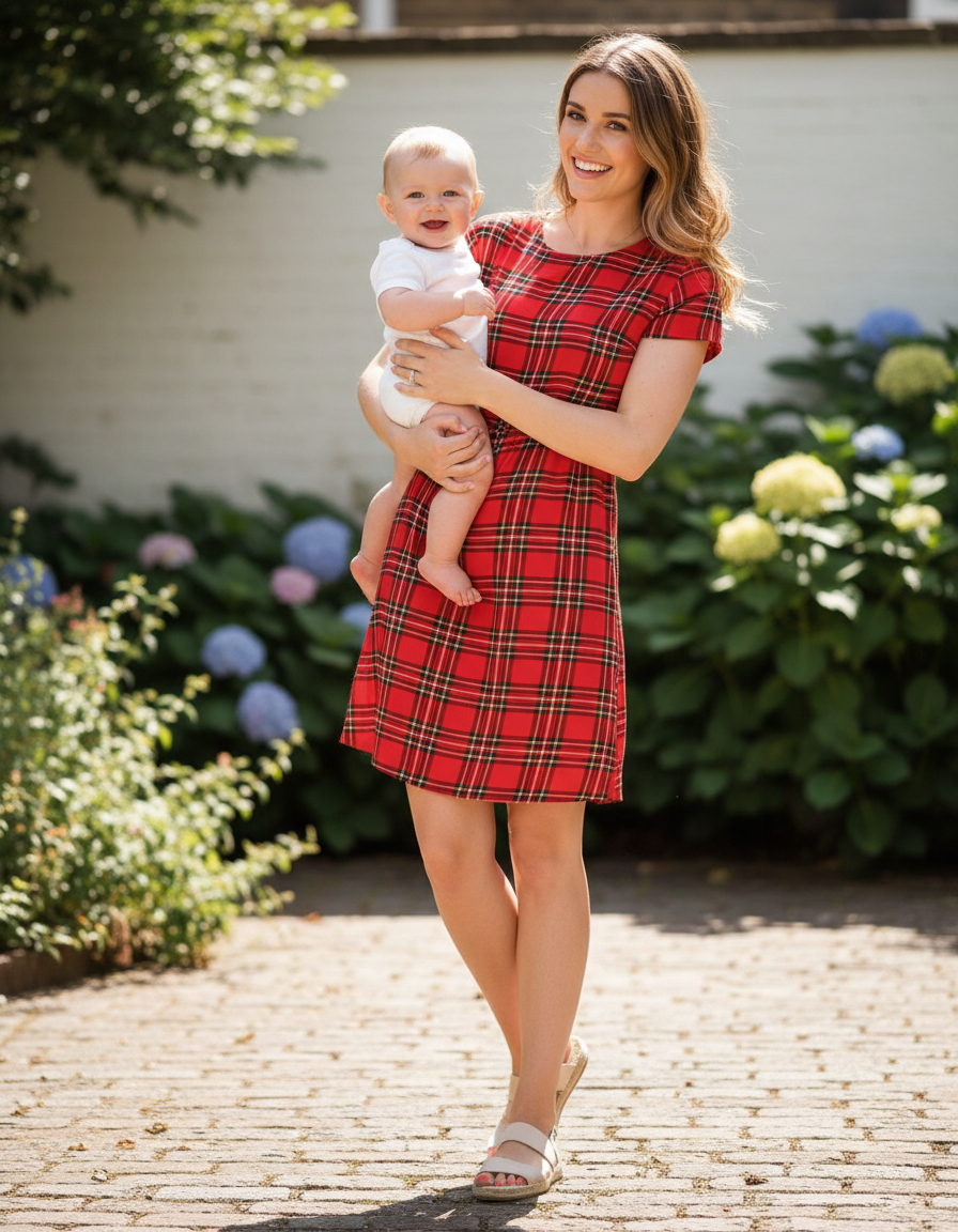 The Knee Length Breastfeeding Dress - Red Tartan Cotton-0