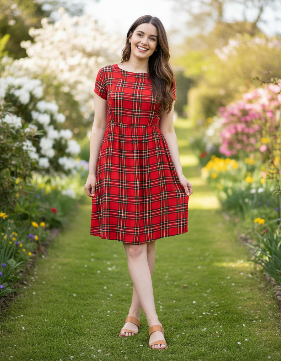 The Knee Length Breastfeeding Dress - Red Tartan Cotton-2