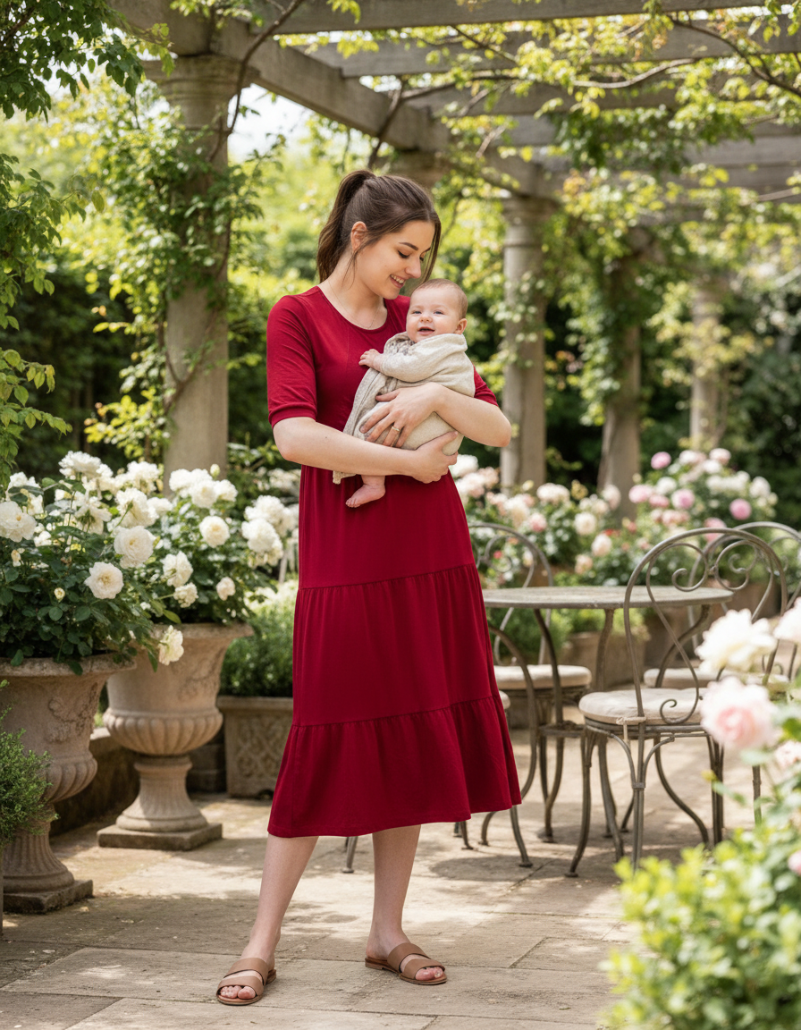 The Midi Breastfeeding Dress - Burgundy Cotton - Apparel & Accessories