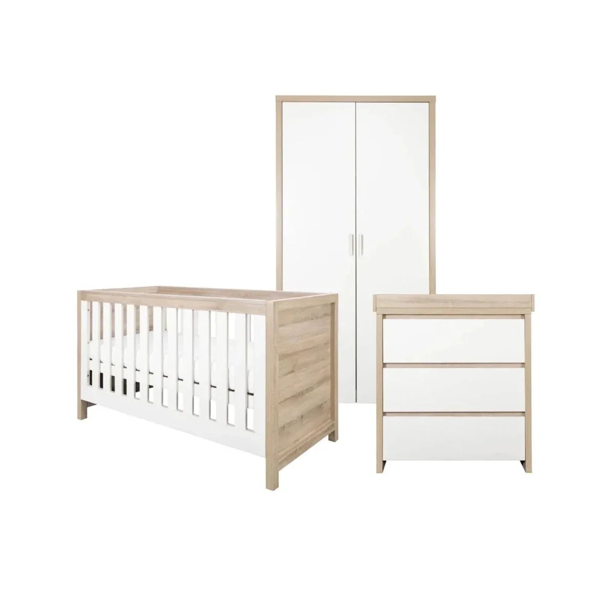 Tutti Bambini Modena 3 Piece Room Set with Sprung Fibre Mattress - White/Oak - White/Oak - 3 Piece Furniture Sets
