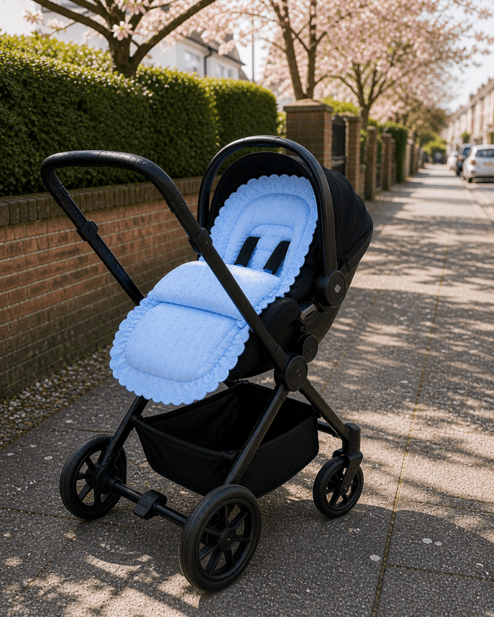 Universal Broderie Anglaise Car Seat Footmuff / Cosy Toes - Blue / Fits All Models - Broderie Anglaise Car Seat Footmuff