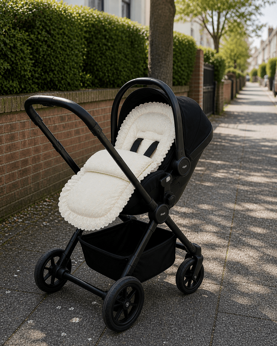 Universal Broderie Anglaise Car Seat Footmuff / Cosy Toes - Cream / Fits All Models - Broderie Anglaise Car Seat