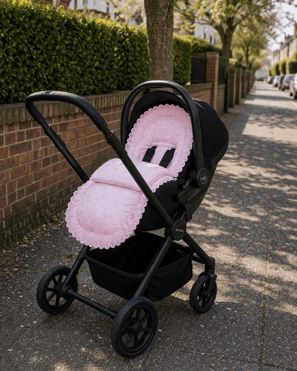 Universal Broderie Anglaise Car Seat Footmuff / Cosy Toes - Pink / Fits All Models - Broderie Anglaise Car Seat Footmuff