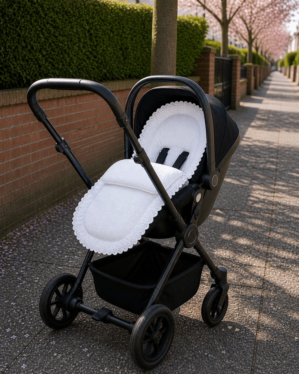 Universal Broderie Anglaise Car Seat Footmuff / Cosy Toes - White / Fits All Models - Broderie Anglaise Car Seat
