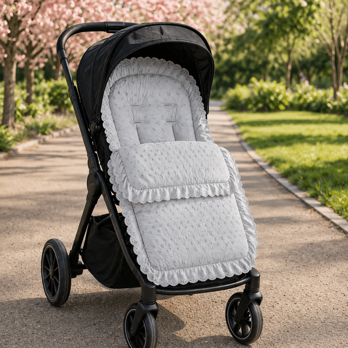 Universal Broderie Anglaise Pushchair Footmuff / Cosy Toes - Fits All Pushchairs / Prams And Buggies - Grey / Fits All