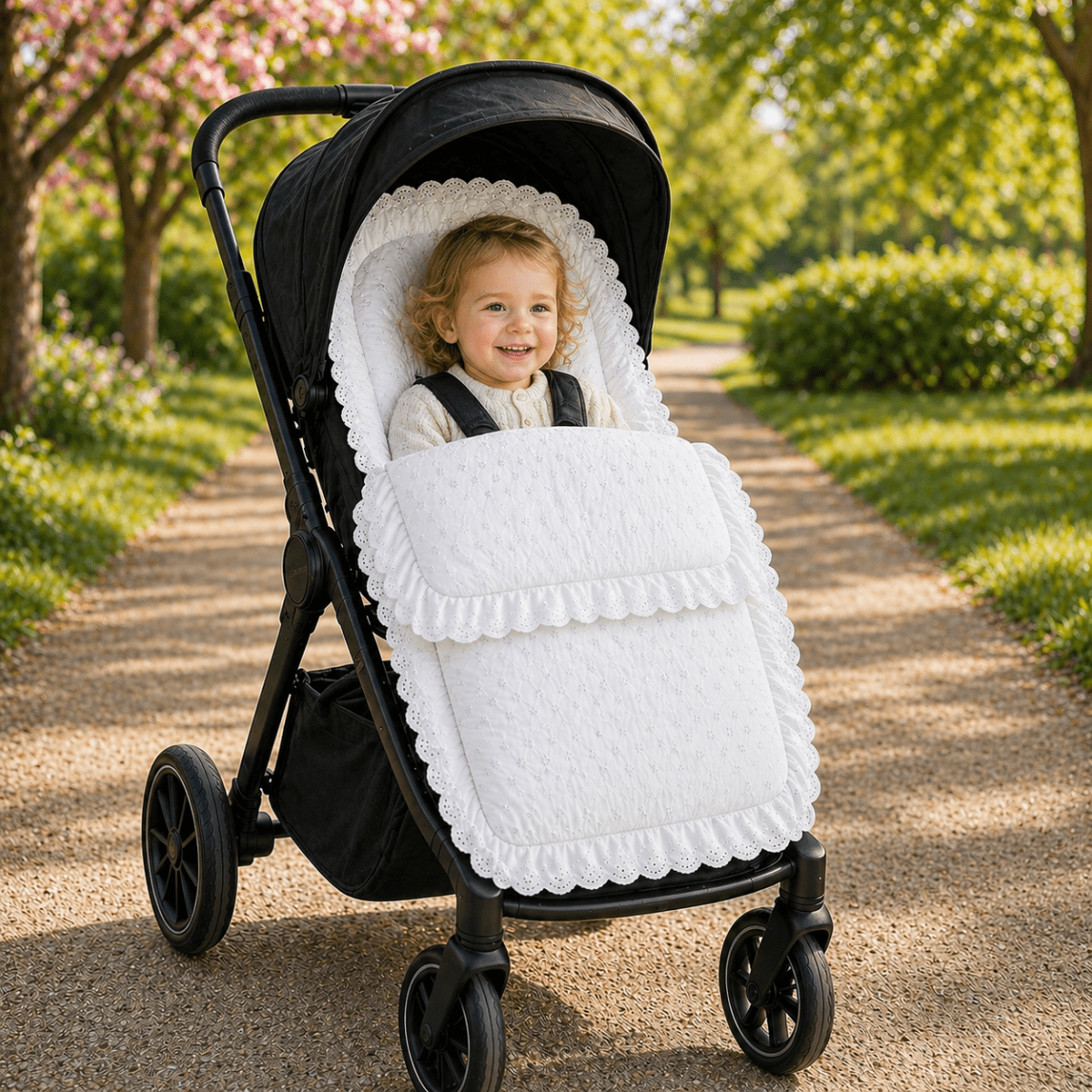 Universal Broderie Anglaise Pushchair Footmuff / Cosy Toes - Fits All Pushchairs / Prams And Buggies - Broderie