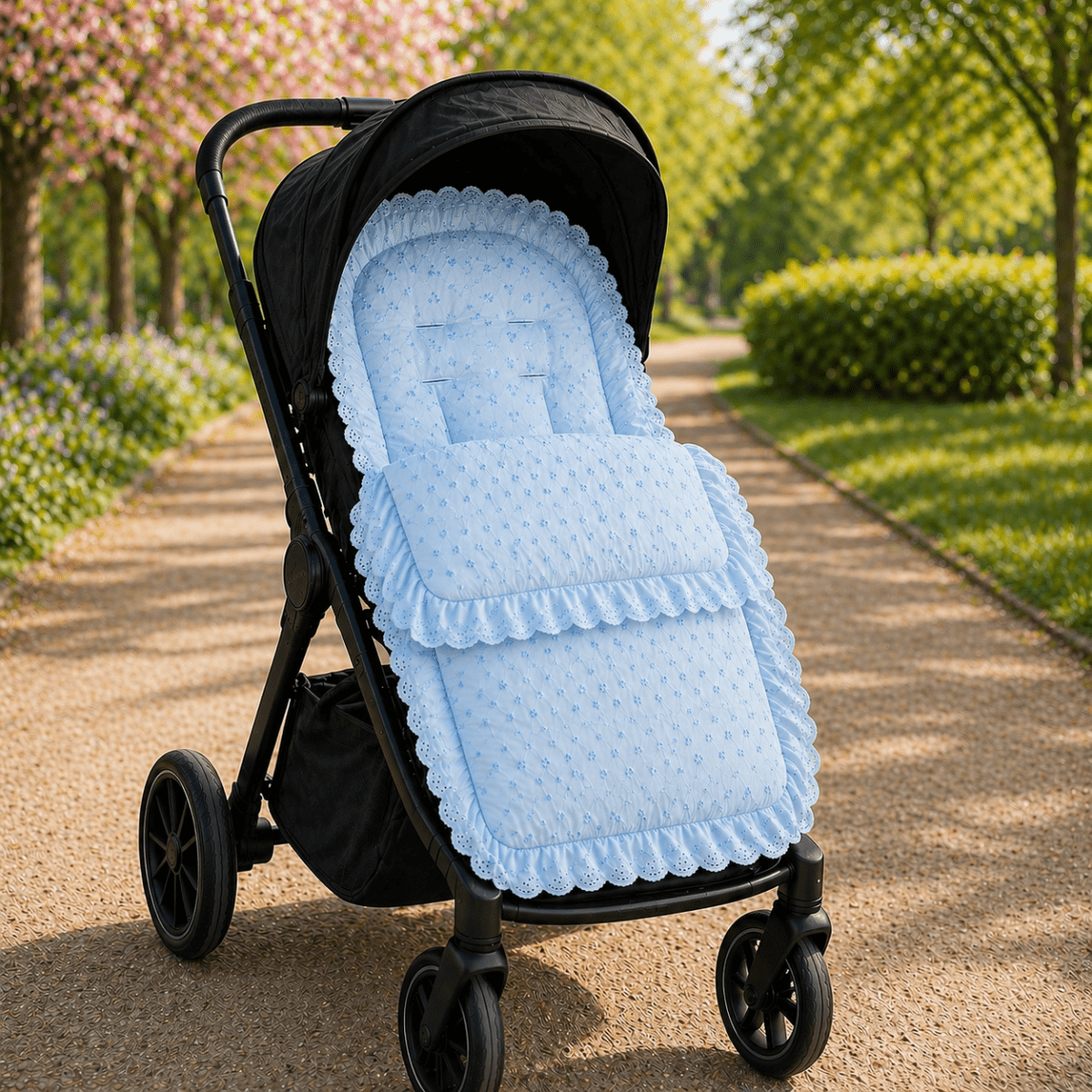 Universal Broderie Anglaise Pushchair Footmuff / Cosy Toes - Fits All Pushchairs / Prams And Buggies - Blue / Fits All