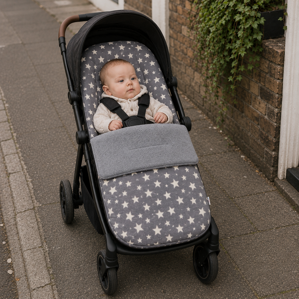Universal Snuggle Buggy Summer Footmuff - Fits All Pushchairs / Prams And Buggies - Grey with Cream Stars - Snuggle