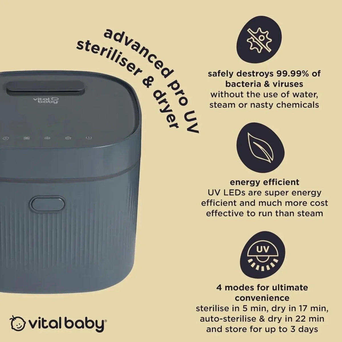 Vital Baby Advanced Pro UV Steriliser & Dryer (3rd Gen) - Smoky Blue - Steriliser Units