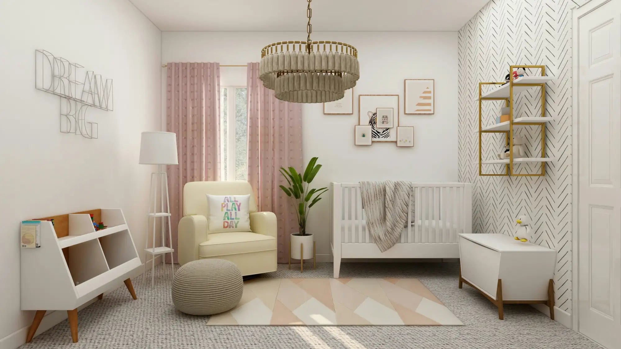White crib with vertical slats and a soft gray blanket draped over it