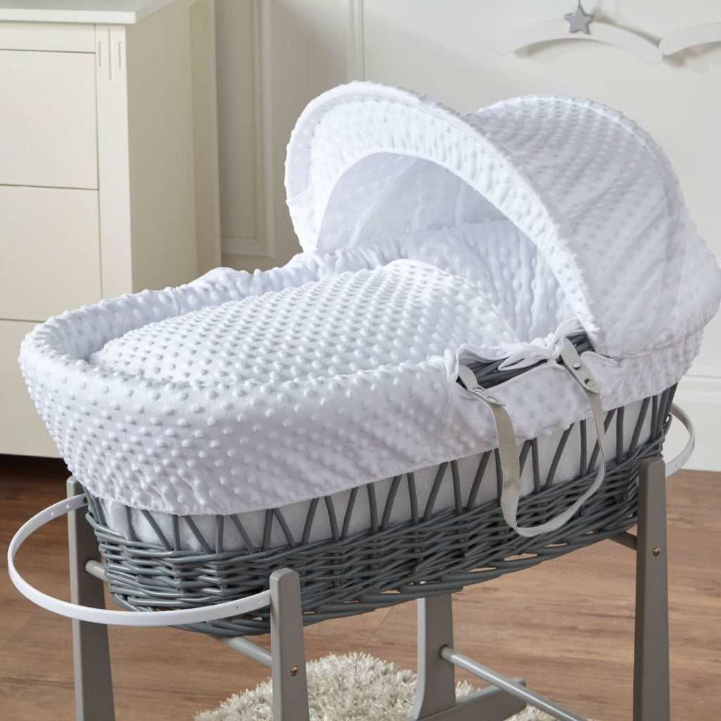 White Dimple Grey Wicker Baby Moses Basket With Stand - Wicker Moses Basket