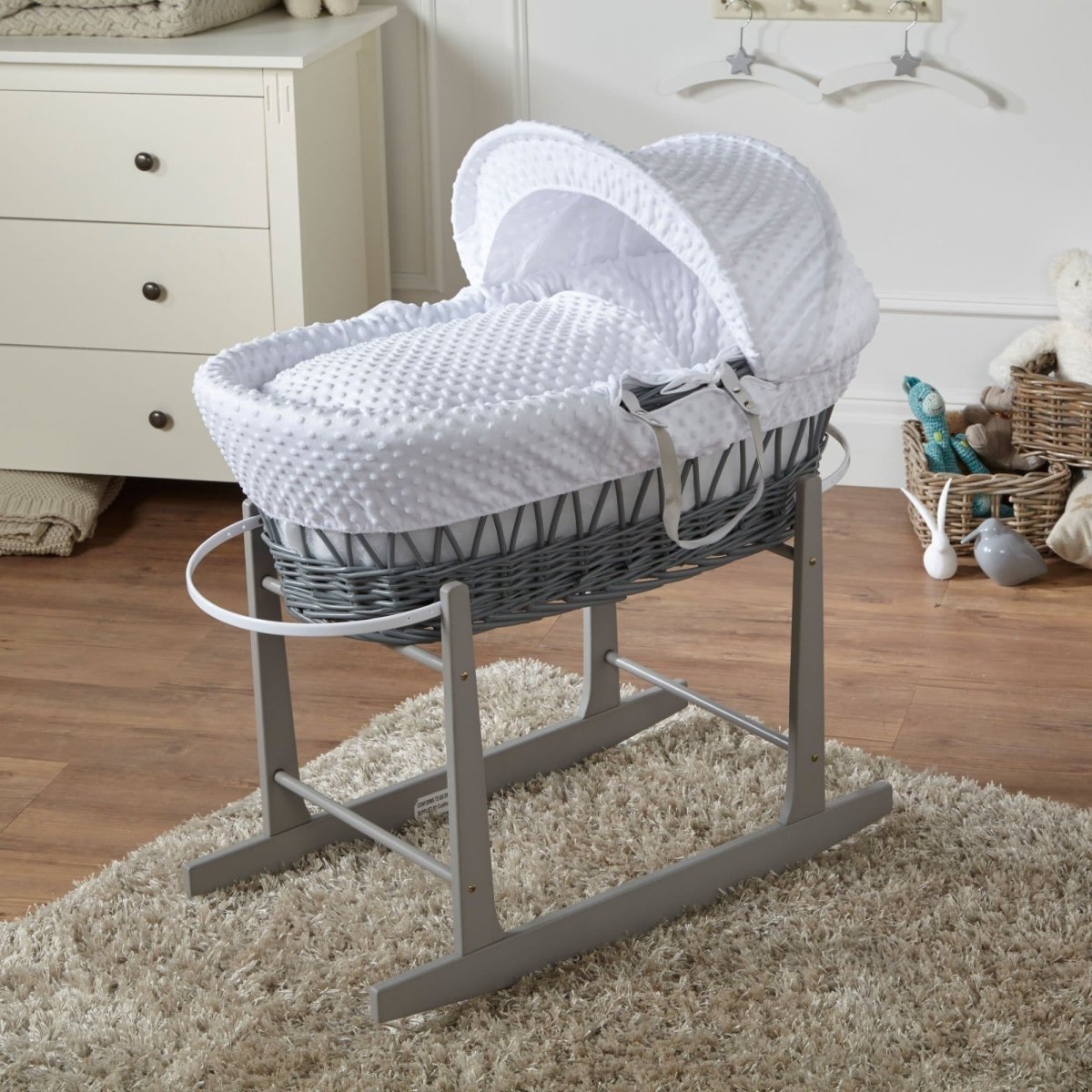 White Dimple Grey Wicker Baby Moses Basket With Stand - Wicker Moses Basket