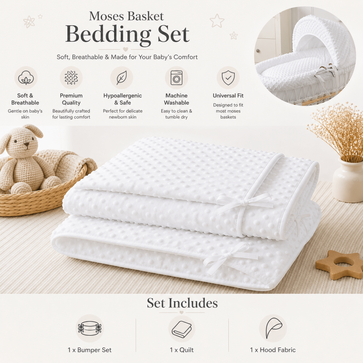 White Dimple Moses Basket Bedding Set (Basket Not Included!)
