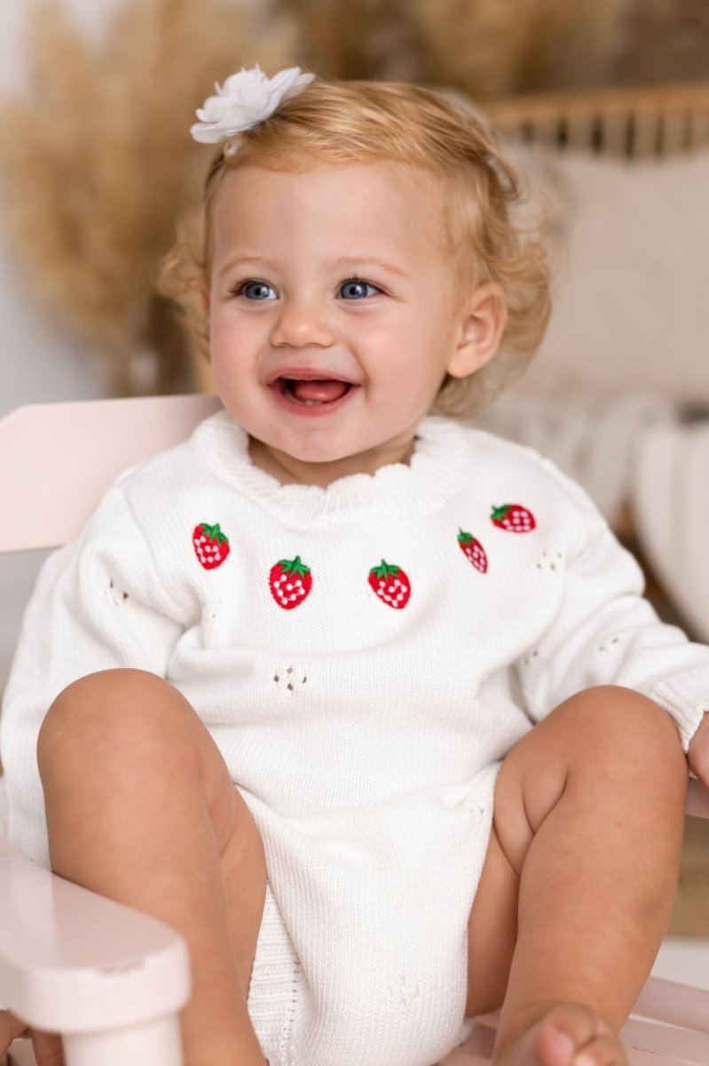 White Stawberry Knit Bodysuit - Bodysuits