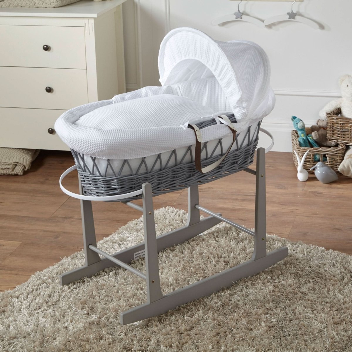 White Waffle Grey Wicker Baby Moses Basket With Stand - Wicker Moses Basket