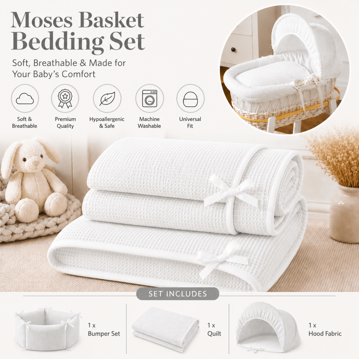 White Waffle Moses Basket Bedding Set (Basket Not Included!) - Moses Basket Bedding Set