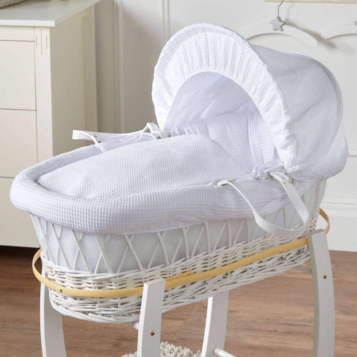White Waffle White Wicker Baby Moses Basket With Stand - Wicker Moses Basket