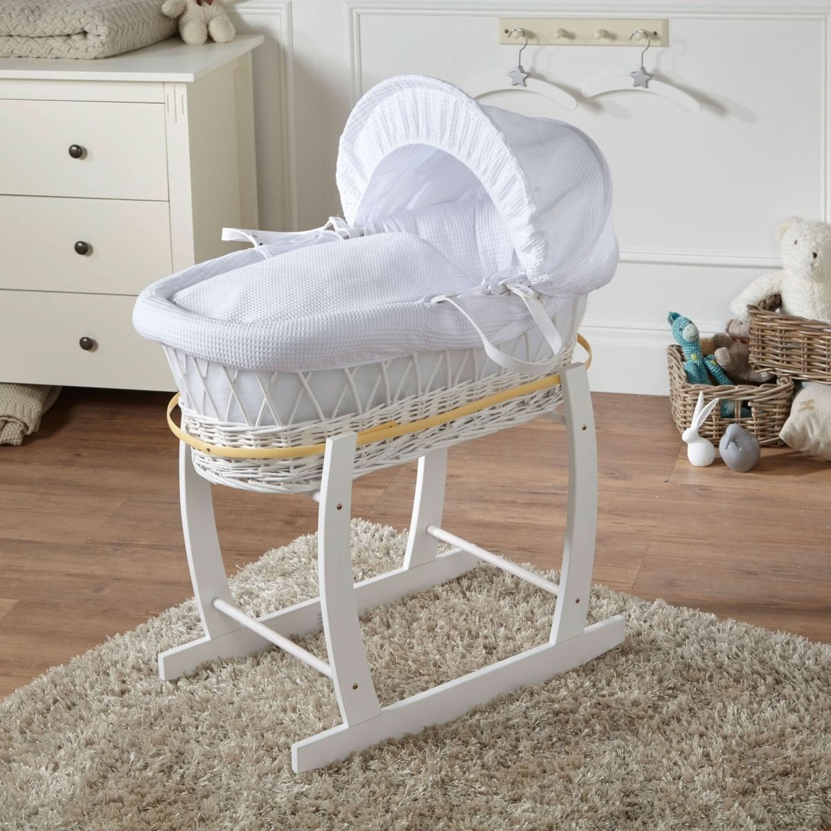 White Waffle White Wicker Baby Moses Basket With Stand - Wicker Moses Basket