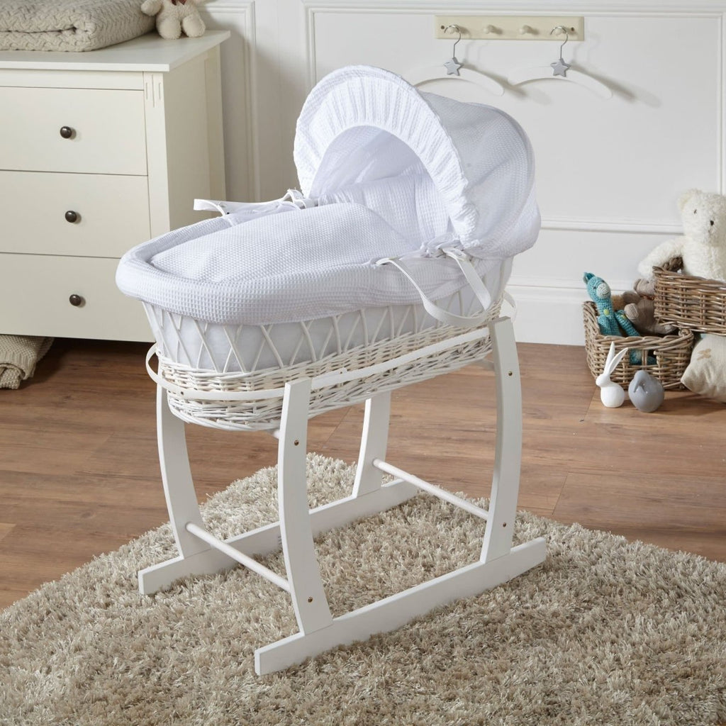 Wicker Baby Moses Basket With Stand - White / Waffle / White - Wicker Moses Basket