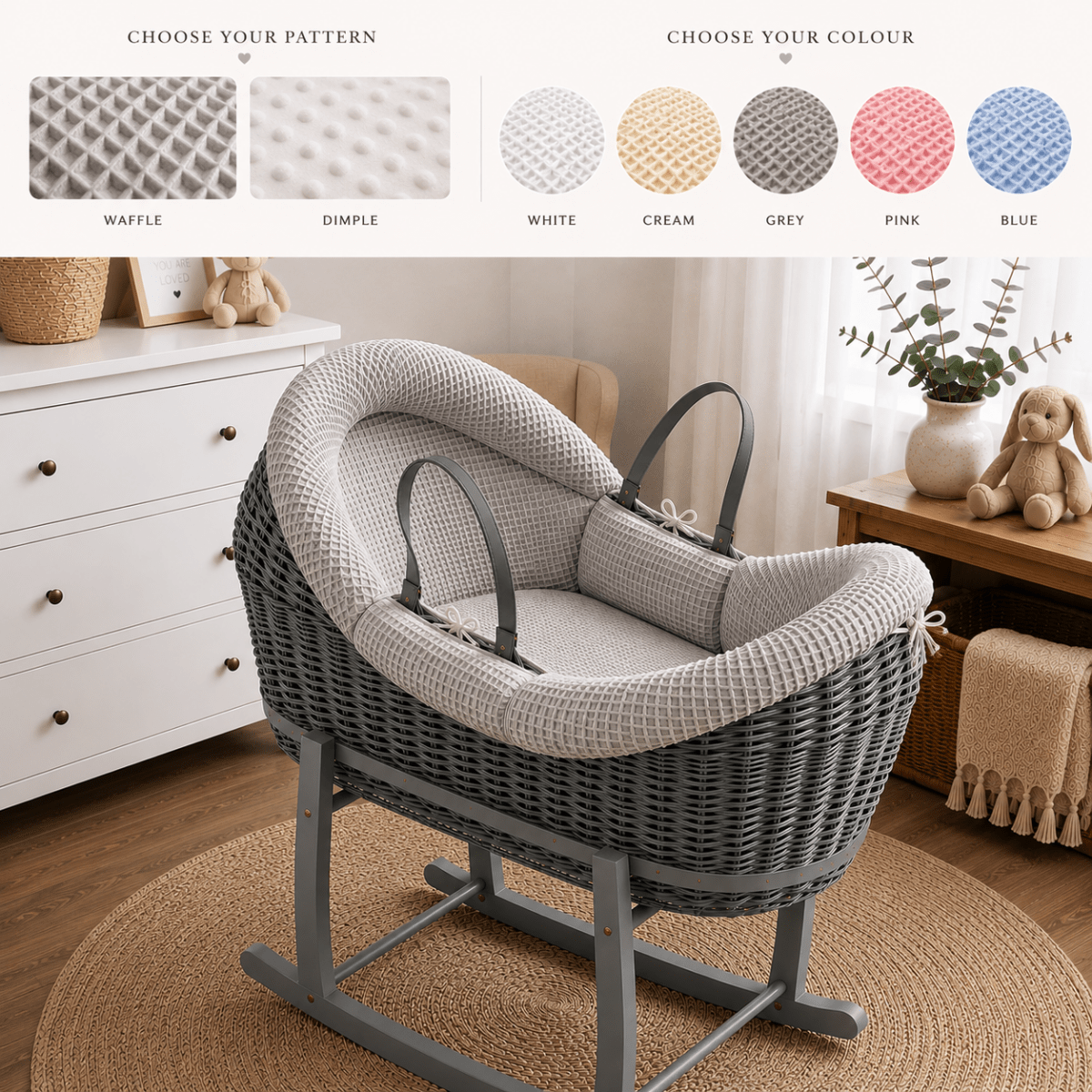 Wicker Deluxe Pod Baby Moses Basket With Stand - Pod Moses Basket