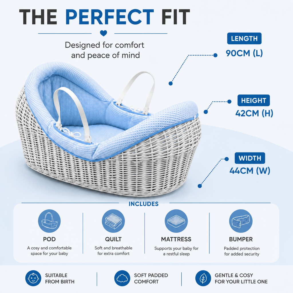 Wicker Deluxe Pod Baby Moses Basket With Stand - Pod Moses Basket