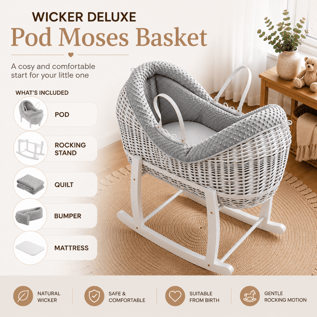 Wicker Deluxe Pod Baby Moses Basket With Stand - Pod Moses Basket