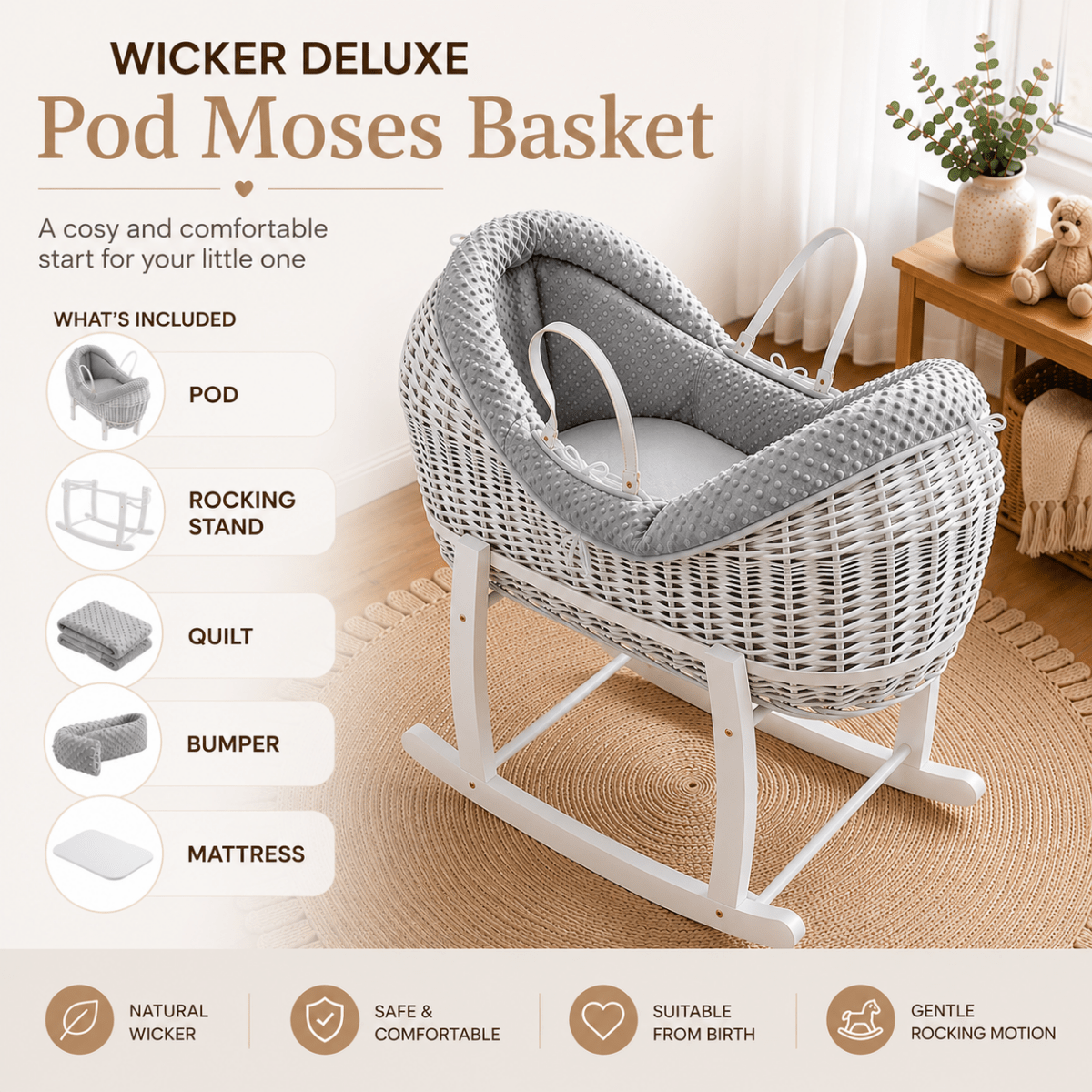 Wicker Deluxe Pod Baby Moses Basket With Stand - Pod Moses Basket