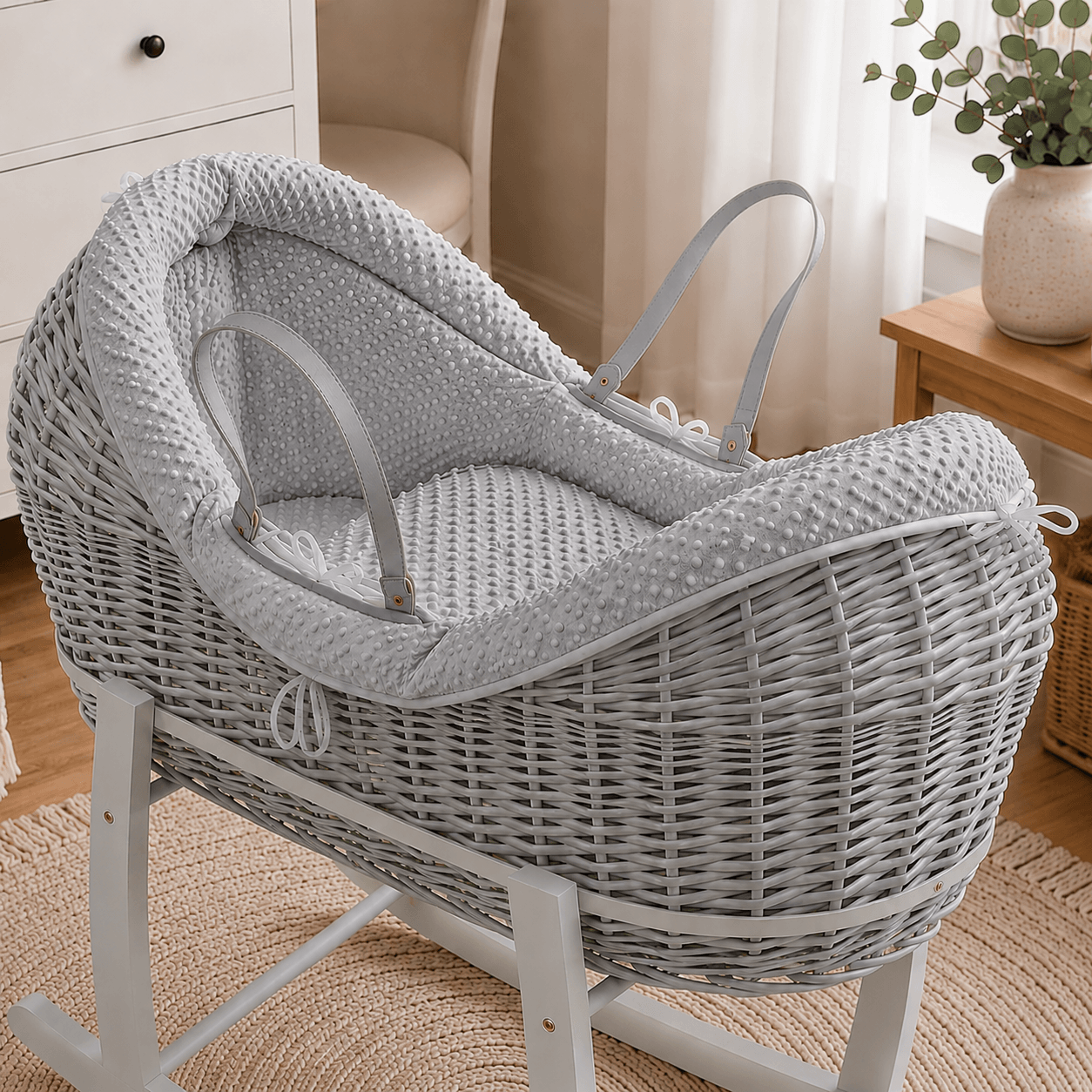 Wicker Deluxe Pod Baby Moses Basket With Stand - Grey / Dimple / Grey - Pod Moses Basket