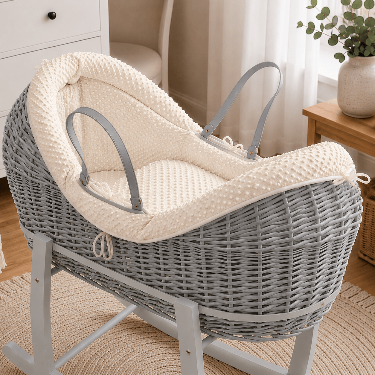 Wicker Deluxe Pod Baby Moses Basket With Stand - Grey / Dimple / Cream - Pod Moses Basket